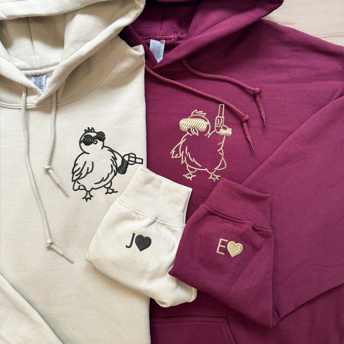 Custom Embroidered Chicken with Gun Matching Hoodies for Couples, Personalized Couple Sweatshirt, Couple Embroidered Sweatshirt, Valentine's Day Gifts Idea For Him Her