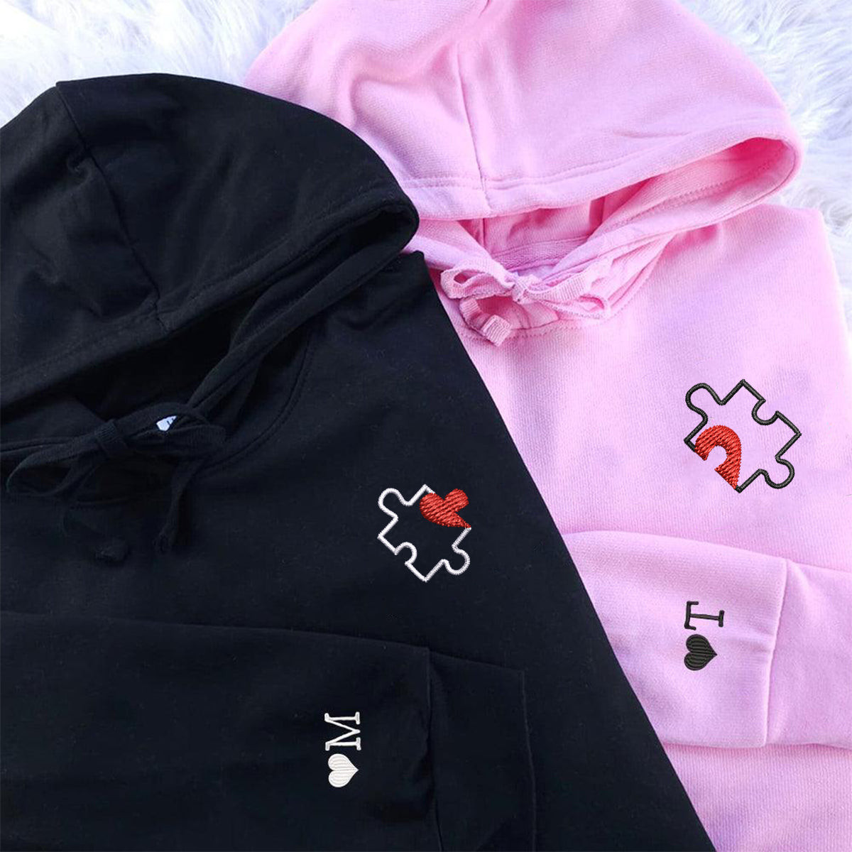 Custom Embroidered Puzzle Heart Matching Hoodies for Couples, Personalized Couple Sweatshirt, Couple Embroidered Sweatshirt, Valentine's Day Gifts Idea For Him Her