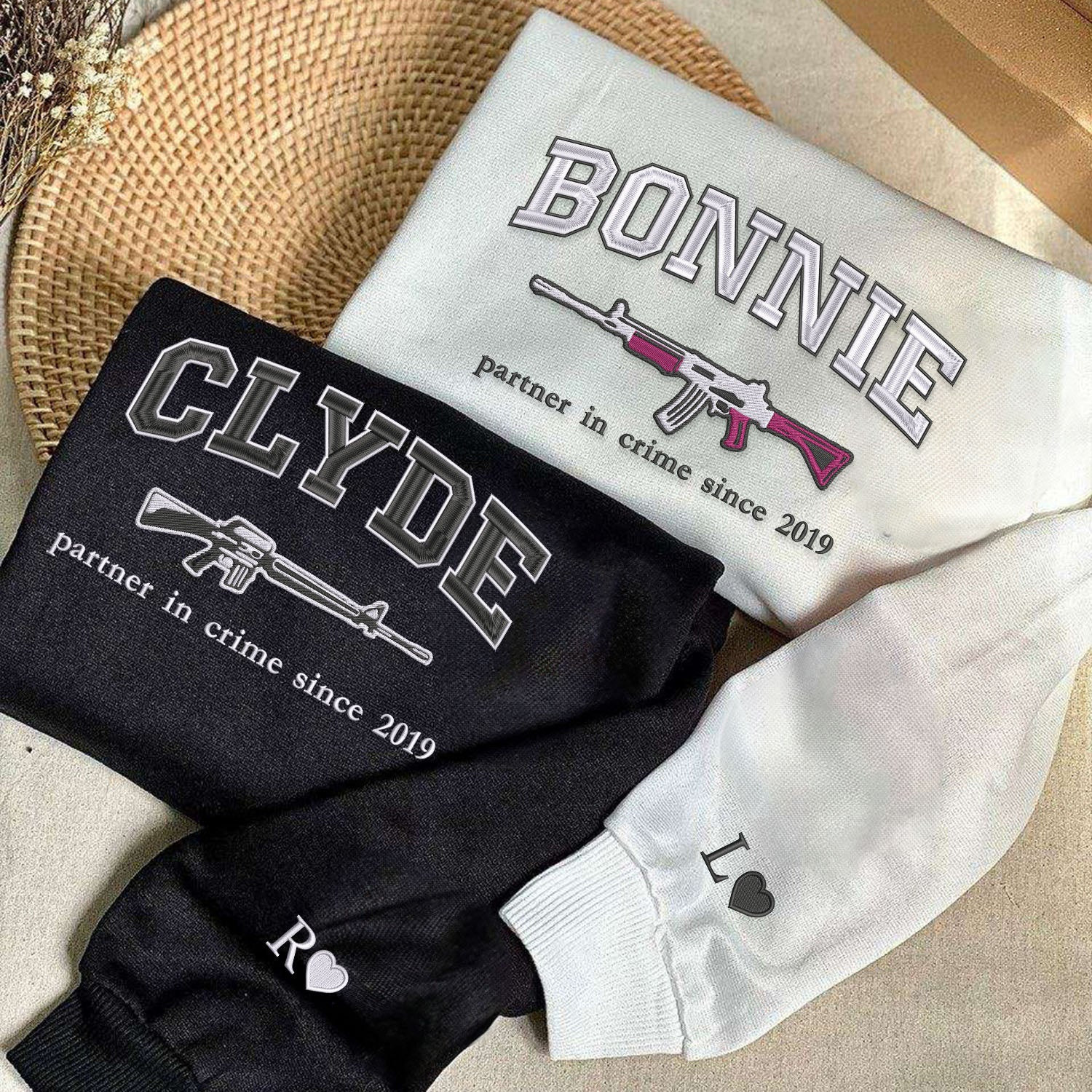Embroidered Bonnie and Clyde Hoodies or Sweatshirts, Personalized Couple Sweatshirt, Couple Embroidered Sweatshirt, Valentine's Day Gifts Idea For Him Her