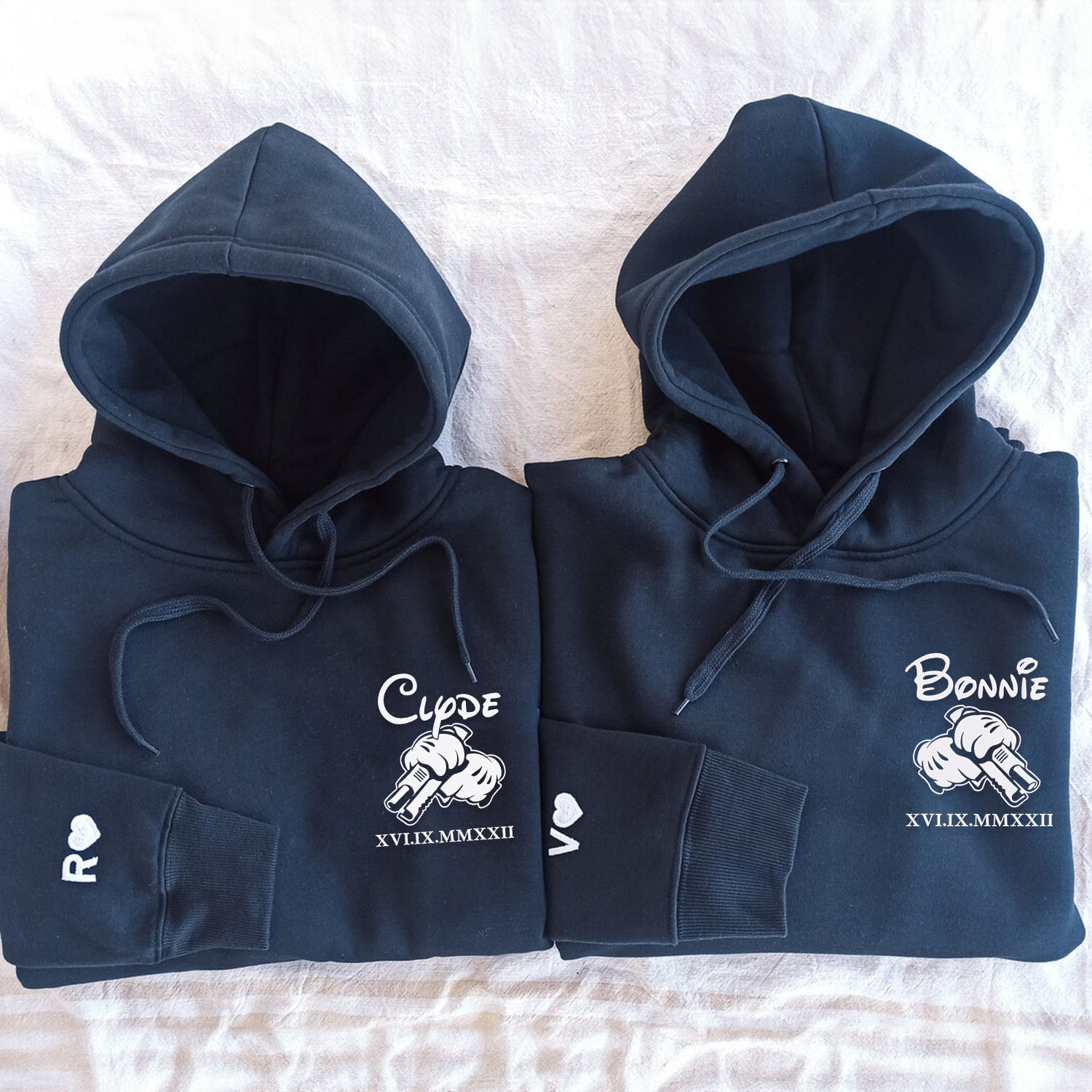 Embroidered Bonnie and Clyde Matching Sets Hoodies with Roman Numerals, Personalized Couple Sweatshirt, Couple Embroidered Sweatshirt, Valentine's Day Gifts Idea For Him Her